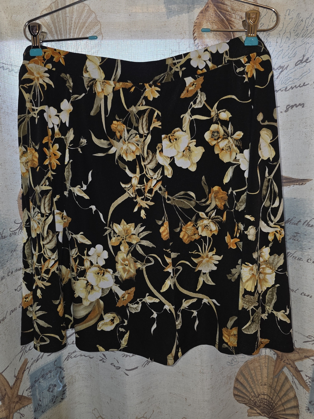 Susan Graver Black Circle Skirt with Yellow Floral Print
